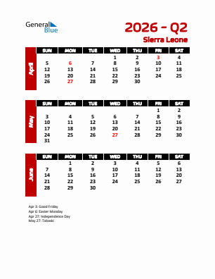 Sierra Leone Quarter 2  2026 calendar template