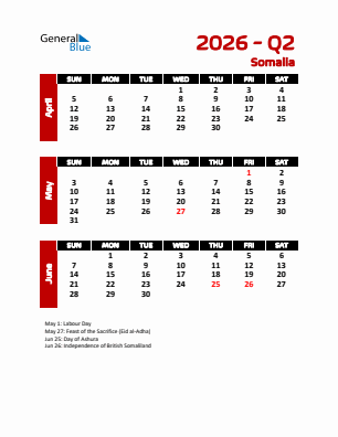 Somalia Quarter 2  2026 calendar template