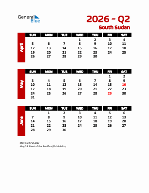 South Sudan Quarter 2  2026 calendar template