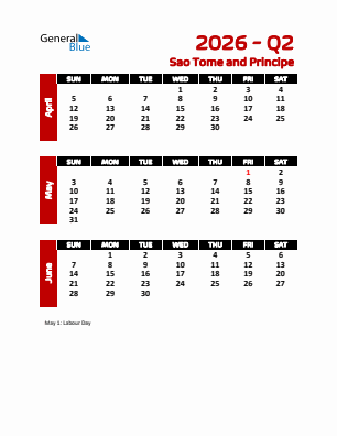 Sao Tome and Principe Quarter 2  2026 calendar template
