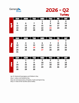 Turkey Quarter 2  2026 calendar template