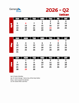 Vatican Quarter 2  2026 calendar template