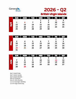 British Virgin Islands Quarter 2  2026 calendar template