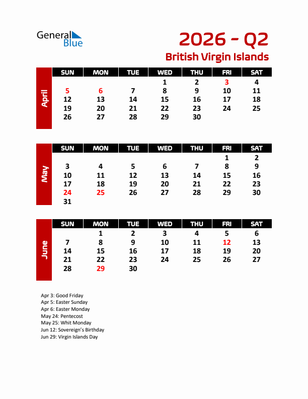 Q2 2026 Calendar with Holidays in British Virgin Islands