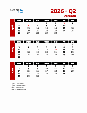 Vanuatu Quarter 2  2026 calendar template