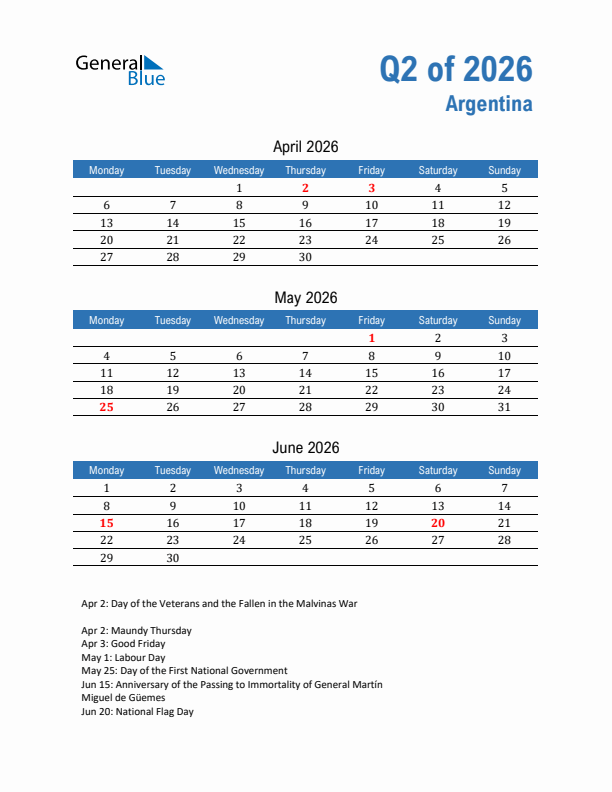 Argentina Q2 2026 Quarterly Calendar with Monday Start
