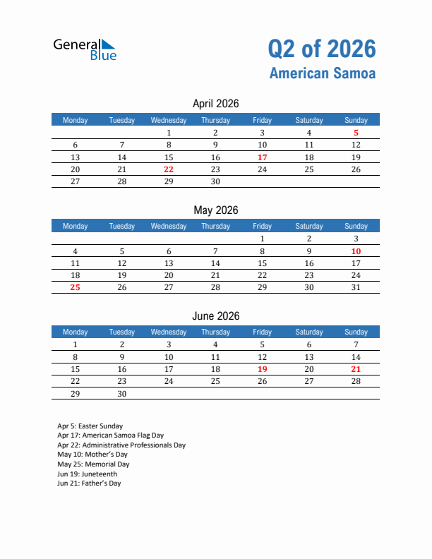 American Samoa Q2 2026 Quarterly Calendar with Monday Start