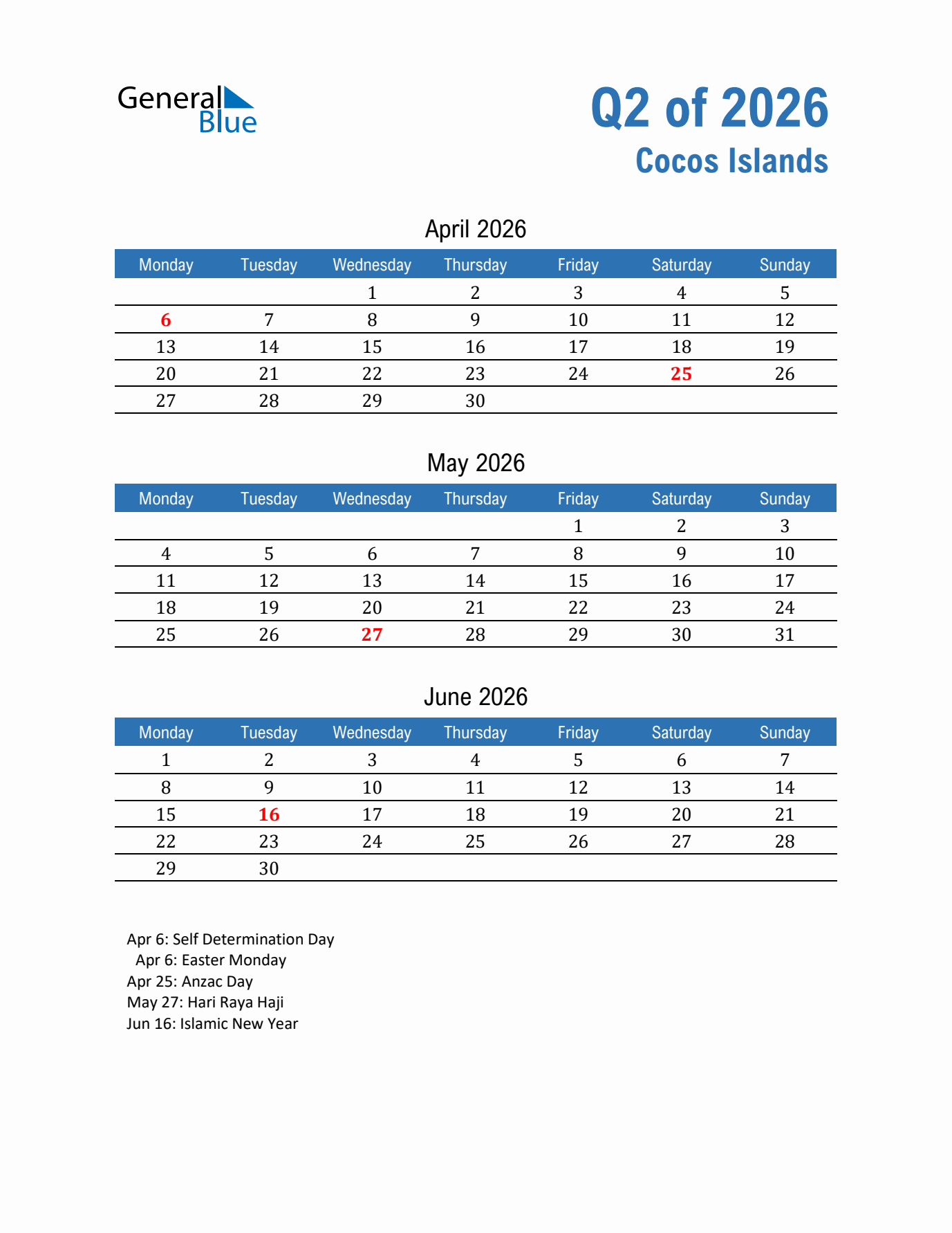 Cocos Islands Q2 2026 Quarterly Calendar with Monday Start