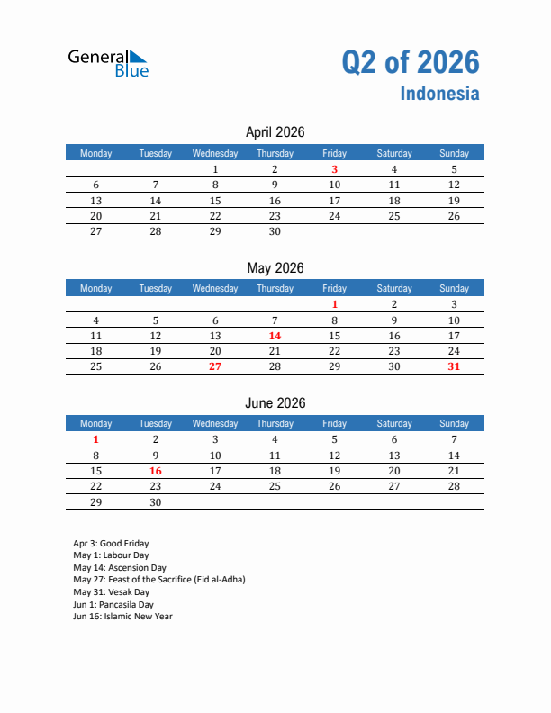 Indonesia Q2 2026 Quarterly Calendar with Monday Start