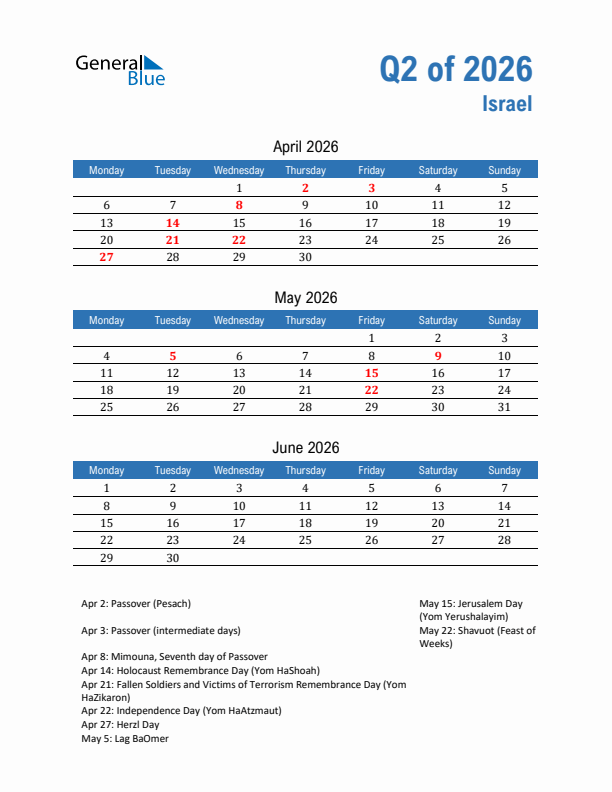 Israel Q2 2026 Quarterly Calendar with Monday Start