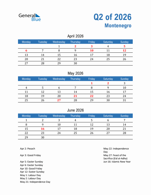 Montenegro Q2 2026 Quarterly Calendar with Monday Start