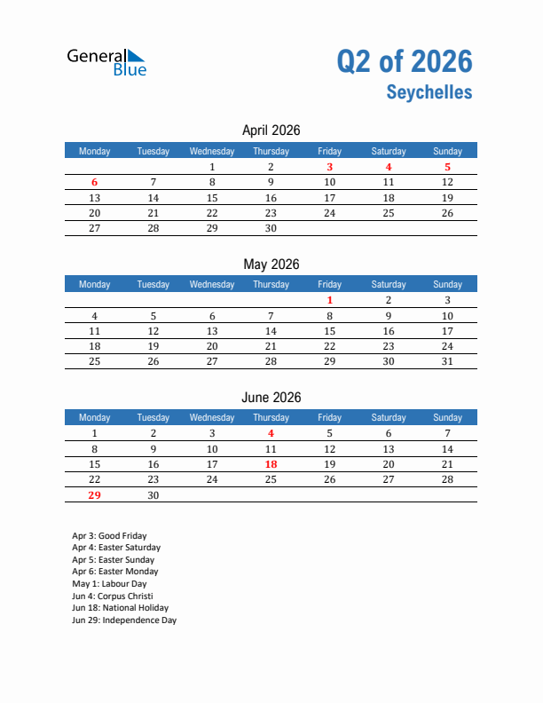 Seychelles Q2 2026 Quarterly Calendar with Monday Start