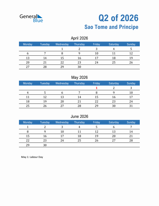 Sao Tome and Principe Q2 2026 Quarterly Calendar with Monday Start