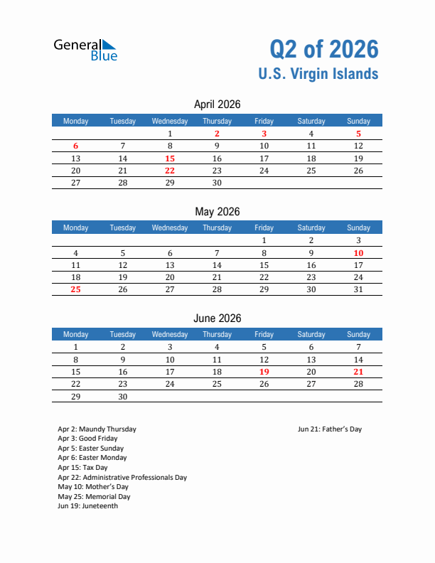 U.S. Virgin Islands Q2 2026 Quarterly Calendar with Monday Start