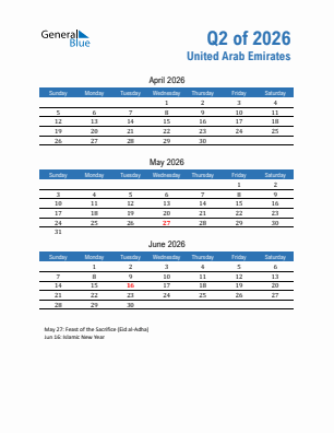 United Arab Emirates Quarter 2  2026 calendar template