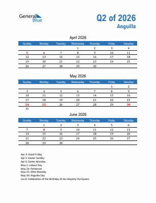 Anguilla Quarter 2  2026 calendar template