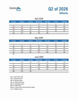 Albania Quarter 2  2026 calendar template
