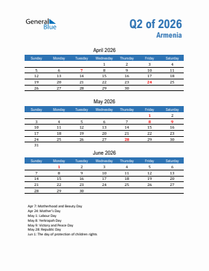 Armenia Quarter 2  2026 calendar template