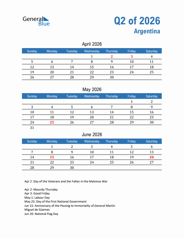 Argentina Q2 2026 Quarterly Calendar with Sunday Start