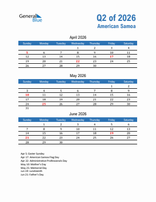 American Samoa Quarter 2  2026 calendar template