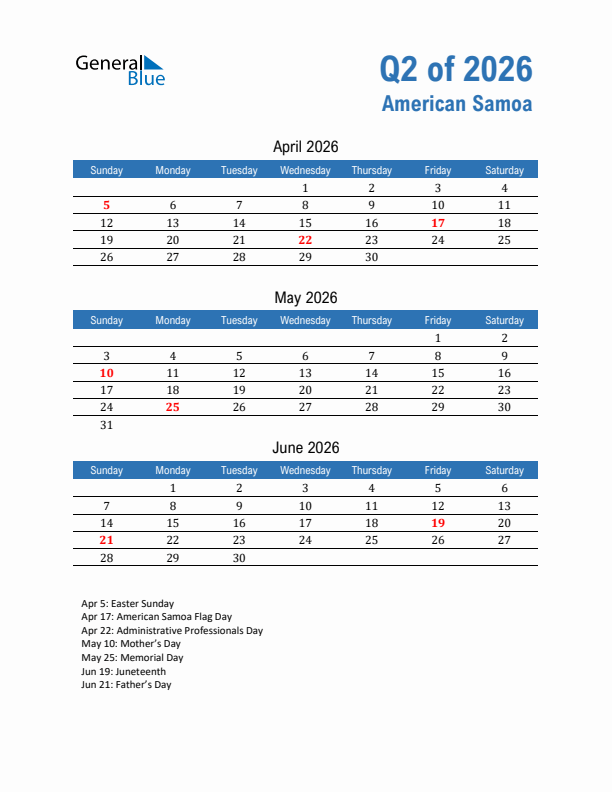 American Samoa Q2 2026 Quarterly Calendar with Sunday Start