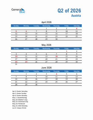 Austria Quarter 2  2026 calendar template