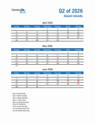 Aland Islands Quarter 2  2026 calendar template