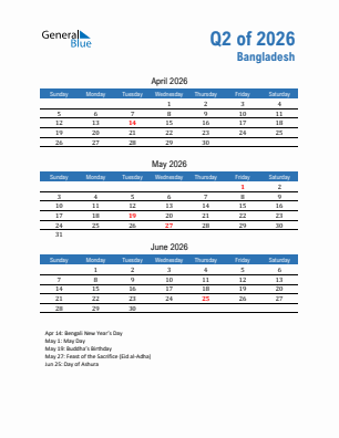 Bangladesh Quarter 2  2026 calendar template