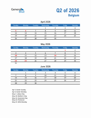Belgium Quarter 2  2026 calendar template