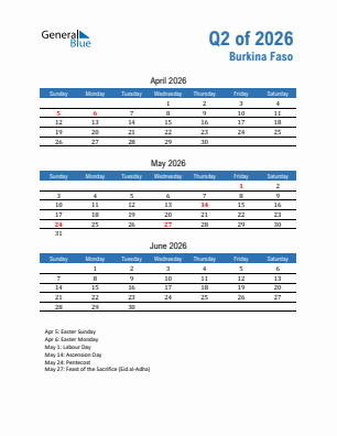 Burkina Faso Quarter 2  2026 calendar template
