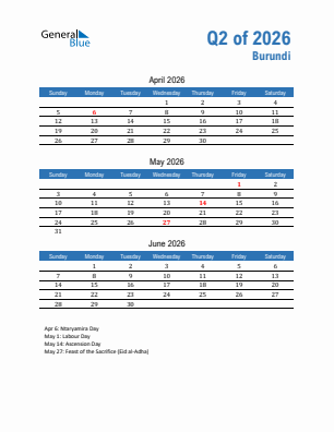 Burundi Quarter 2  2026 calendar template