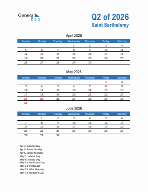Saint Barthelemy Quarter 2  2026 calendar template