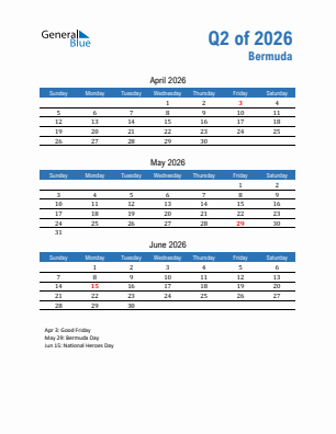 Bermuda Quarter 2  2026 calendar template
