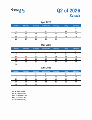 Canada Quarter 2  2026 calendar template