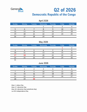Democratic Republic of the Congo Quarter 2  2026 calendar template