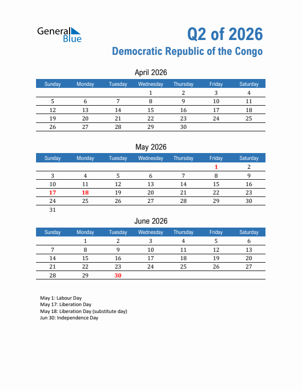 Democratic Republic of the Congo Q2 2026 Quarterly Calendar with Sunday Start