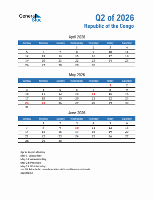 Republic of the Congo Quarter 2  2026 calendar template
