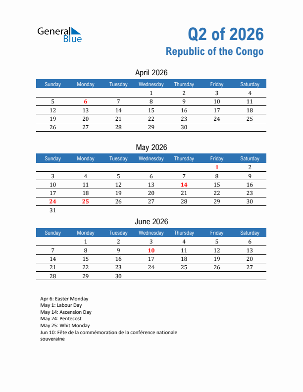 Republic of the Congo Q2 2026 Quarterly Calendar with Sunday Start