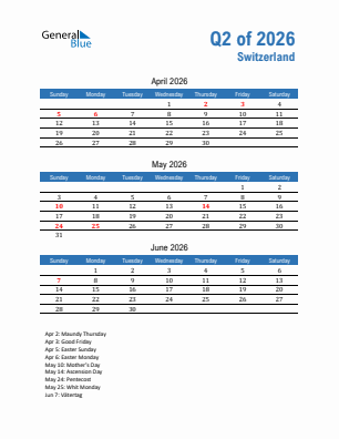 Switzerland Quarter 2  2026 calendar template