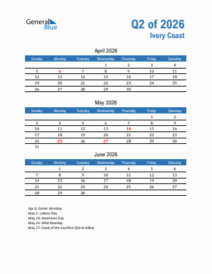 Ivory Coast Quarter 2  2026 calendar template