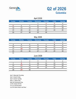 Colombia Quarter 2  2026 calendar template