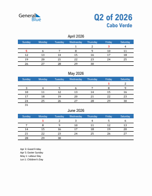 Cabo Verde Quarter 2  2026 calendar template