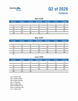 Curacao Quarter 2  2026 calendar template