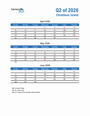 Christmas Island Quarter 2  2026 calendar template