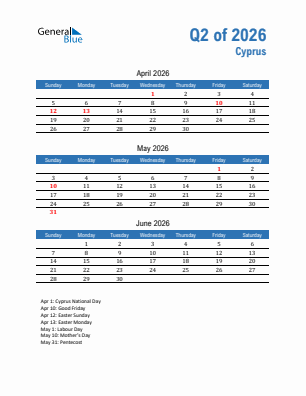 Cyprus Quarter 2  2026 calendar template
