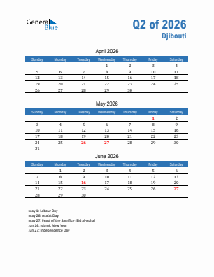 Djibouti Quarter 2  2026 calendar template