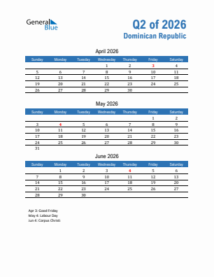 Dominican Republic Quarter 2  2026 calendar template
