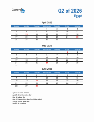Egypt Quarter 2  2026 calendar template