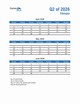 Ethiopia Quarter 2  2026 calendar template