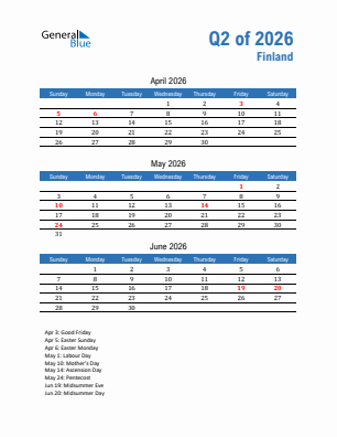 Finland Quarter 2  2026 calendar template